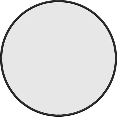 A round mirror with a black frame against a light gray background.