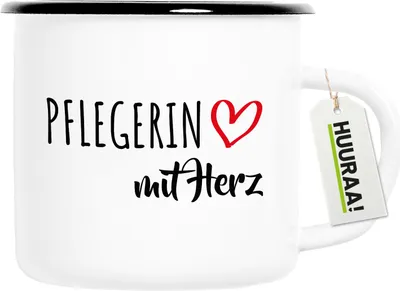 Produktbild von Huuraa Emaille Tasse Pflegerin mit Herz 300ml Vintage Campingbecher Geschenkidee