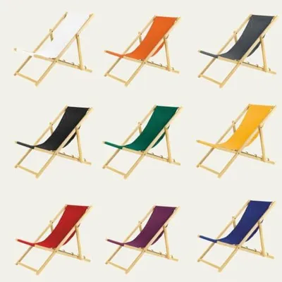 A collage of nine different colored deck chairs arranged in a 3x3 grid.