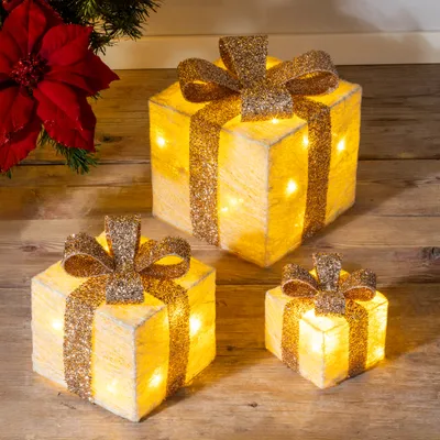 Produktbild von LED dárkové krabičky s časovačem sada 3 ks - CREME - Vánoční dekorace krabičky teplá bílá svítící na baterie s časovačem