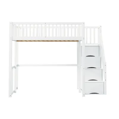 Produktbild von Flieks Etagenbett 140x200cm mit Stauraumtreppe, Kinderbett Doppelbett mit Rausfallschutz, Hochbett Holzbett mit Lattenrost, Weiß