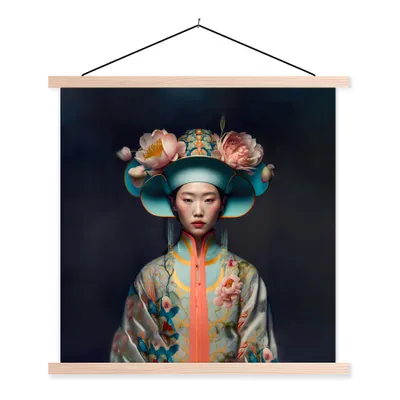 Produktbild von MuchoWow® Textilposter Frauen - Asiatisch - Porträt - Kleidung - Blumen 40x40 cm mit holzfarbenen Rahmen - Posterleiste