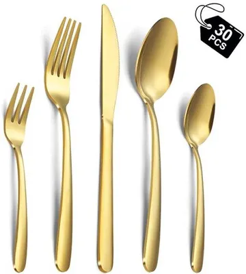 Productafbeelding van Unyqoos® 30-delige bestekset, goudkleurig – elegante roestvrijstalen bestekset voor 6 personen, inclusief messen, vorken, lepels, theelepels en taartvorken