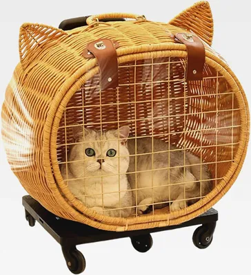 Produktbild von Katzenwagen | Rattan Hundewagen Katzenbox Mit Rädern | Atmungsaktive Haustiertasche Mit Teleskopgriff Für Camping Einkaufen Picknick Outdoor Kätzchen Kaninchen Tier