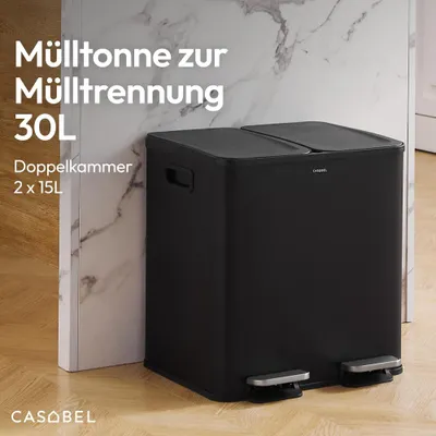 Produktbild von CASABEL Doppel-Küchenmülleimer 2x15L aus Edelstahl, fingerabdruckresistent, luftdichte Deckel mit Fußpedal, ideal für Recycling in Küche, Bad oder Büro - Schwarz