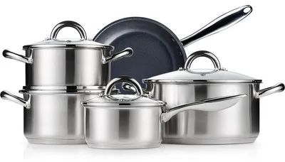 Produktbild von Edelstahl Kochgeschirr-Set 9-teilig mit Sandwichboden, Kaltgriffen und Glasdeckeln für Induktion