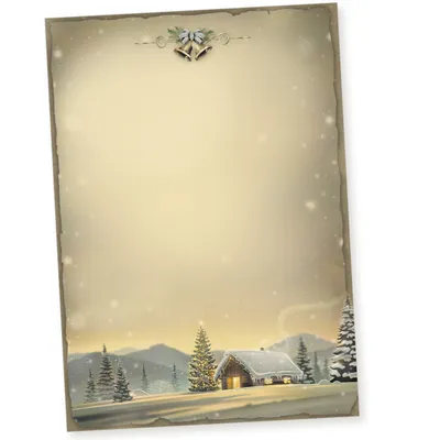 A vintage-style stationery with a winter scene illustration at the bottom and decorative bells at the top.