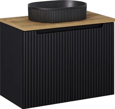 Produktbild von Waschtisch 80cm, in schwarz mit Eiche, gerillte Front, NEWPORT-56-BLACK