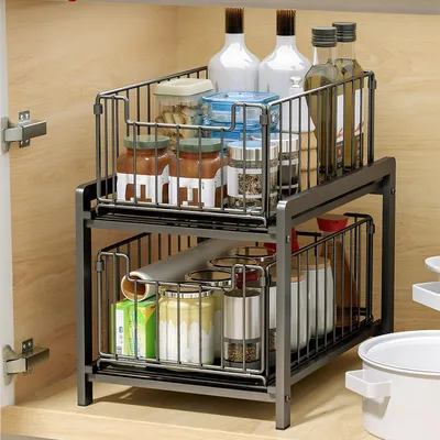 Produktbild von 2 Etagen Metall Spülschrank Organizer,Unter Waschbecken Regal Organizer mit Schiebeschubladen,Lagerregal Organizer Küche,für Küche, Badezimmer 26x37x3