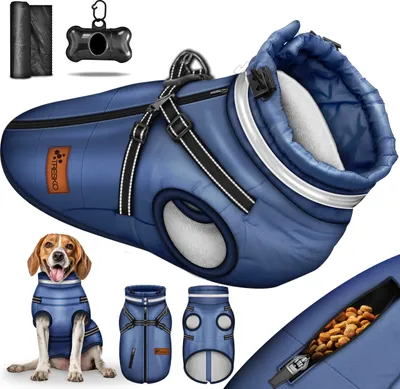Produktbild von TRESKO® Hundejacke Navyblau / Größe XXL Winter mit Reflektoren inkl. 15 Stück Kotbeutel + Spender | Hunderegenmantel wasserdicht | Hundemantel inkl. Geschirr | Hunde Winterweste gefüttert