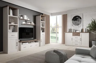 Produktbild von Wohnwand Wohnzimmer im Landhausstil LUND-78 in Pinie weiß Nb./Trüffel Eiche Nb., B/H/T: ca. 298/201/43 cm