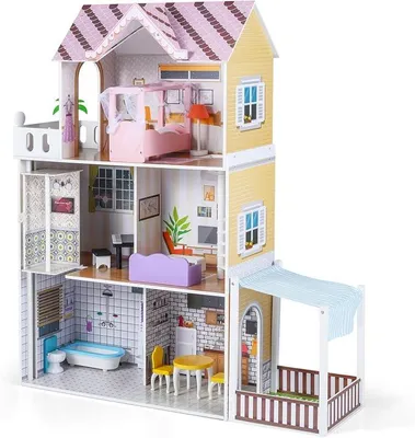 Imagen del producto de Silecomplaza, casa de muñecas de madera, a partir de 3 años, villa de muñecas de 3 plantas con balcón, terraza y 16 muebles. Gran casa de ensueño para niñas y niños, dimensiones: 102 x 34 x 120,5 cm