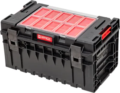 A black tool box with red compartments on top.
