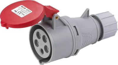 A close-up studio shot of a CEE industrial plug with its red protective cover open.