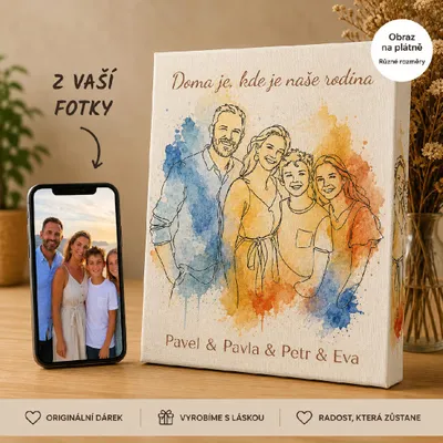 Produktbild von Personalisierter Familienporträt – Familienumarmung (Linienzeichnung mit Aquarell) auf Leinwand - 40 x 60 cm