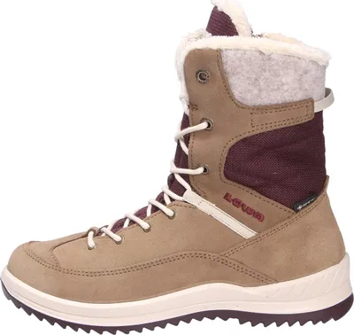 A side view of a beige and burgundy winter boot.