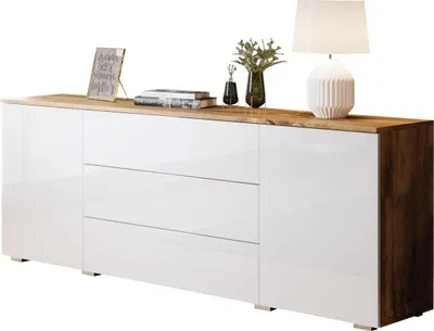 Produktbild von MIRJAN24 Kommode Awit 150 Highboard mit 3 Schubladen und 2 Türen, Stilvoll Sideboard, Wohnzimmer Schrank (Farbe: Wotan / Weiß Hochglanz)