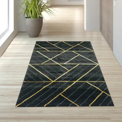 Image de Tapis au motif géométrique moderne noir et or - Dimensions : 80 x 150 cm