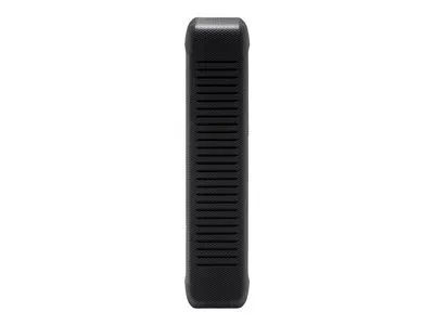 A black external hard drive is shown against a white background.