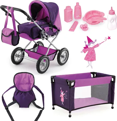A collection of doll accessories including a stroller, carrier, crib, and feeding items, arranged on a white background.