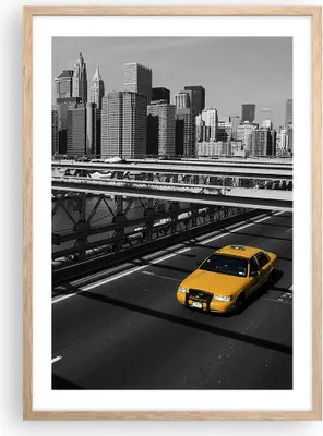 Produktbild von Gerahmtes Poster - Rahmen in heller Eiche - New York Manhattan Brooklyn Brücke Taxi - 50x70 cm - Wand Bild - Wanddeko - Wandbilder - Wandposter - Bilderrahmen - Bilder - Kunstdruck - P2NPA50x70-0417