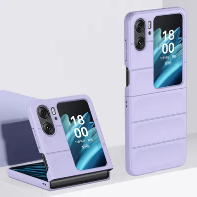 Two purple flip phone cases are displayed against a light gray background. One case is closed and standing upright, while the other is open and lying on its side.