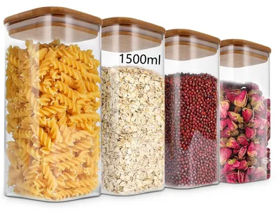 Obrázek produktu pro Sada čtyř vzduchotěsných úložných sklenic s bambusovými víčky