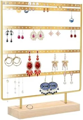Productafbeelding van PromoHome® sieradenstandaard met 5 etages – oorbellenhouder met houten voet, metalen display voor oorbellen, kettingen, armbanden, ringen, goud