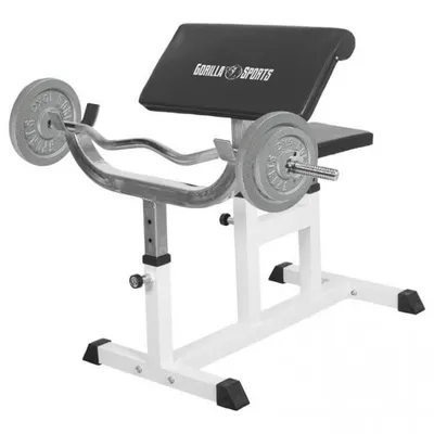 Produktbild von GORILLA SPORTS® Curlbank - mit Curlstange 120cm, Gusseisen Hantelscheiben, bis 200kg, Sitz, Curlpult, Ablage 5-Fach verstellbar, Rutschfesten Füßen - Curl Hantelbank, Scottbank, Bizepsbank, Hantelset