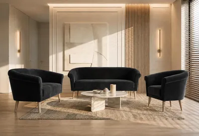 Produktbild von Sofa Set 3+2+1 Espero III Samt Velours Schwarz (Riviera 100) – Polstergarnitur mit 3-Sitzer Sofa, 2-Sitzer Sofa und Sessel