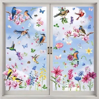 Produktbild von Fensterdekor Selbstklebend, 9 Blätter Frühling Fensterfolie Blumen Vögel