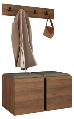 Produktbild von MIRJAN24 Garderoben-Set Orion VI, Garderobe mit Sitzbank mit 2 x Wandpanel 42x42 (Farbe: Nuss Warmia, Polo 875), KI-generiertes Bild
