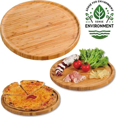 Produktbild von LS-LebenStil XL Pizzateller 32cm Rund Bambus Holz  Brotzeitbrett Schneidebrett Servierteller Fleischteller Vesperbrett Käsebrett