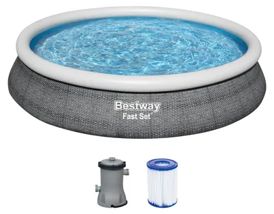 Produktbild von Bestway® Fast Set™ Aufstellpool-Set mit Filterpumpe Ø 457 x 84 cm, Rattan-Optik (Schiefergrau), rund