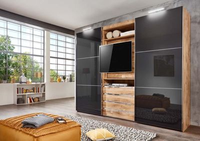 magicGlas Schwebetürenschrank mit TV-Element Plankeneiche / Grau, Höhe:216 cm, Schließdämpfung:mit Schließdämpfung