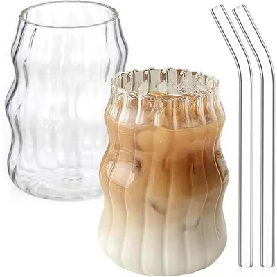 Image de Lot de 2 verres en verre borosilicaté de 530 ml, avec pailles, pour café et cocktails
