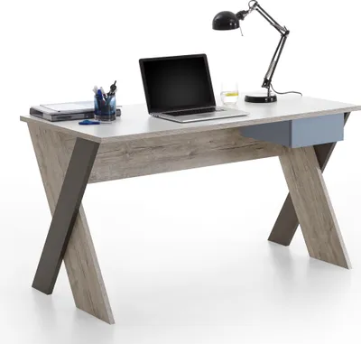 Produktbild von Schreibtisch LEEDS-10 Sandeiche Nb./weiß/Lava/Denim, B x H x T ca. 135 x 76,4 x 67,5 cm