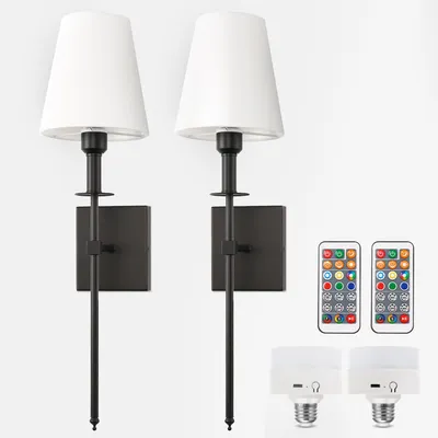 Produktbild von 2er Akku Wandlampe Schwarz-Weiß Stoffschirm RGBW Fernbedienung 62,5cm