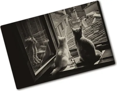 Produktbild von Tulup Glas Herdabdeckplatte - 80x52 cm - Glaskeramikkochfeld-Abdeckung Spritzschutz Glasabdeckplatte - Einteilig - Tiere - Katzen am Fenster - Schwarzweiß