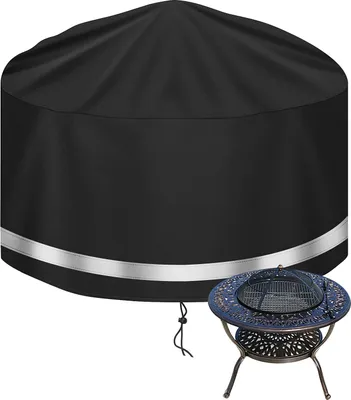 A black fire pit cover is shown in the upper portion of the image, with a decorative bronze fire pit in the lower right corner.
