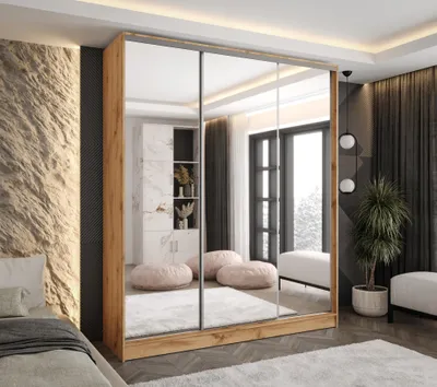 Produktbild von Moderner 3-türiger Schwebetürenschrank Eiche Wotan 210x58x250 cm – mit 3 Spiegeln – mit 4 Schubladen – Kleiderschrank für Flur, Schlafzimmer