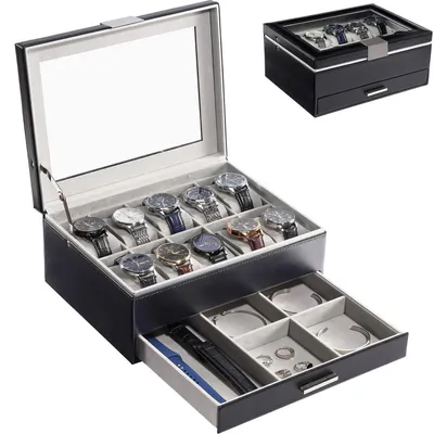 Produktbild von Uhrenbox mit Glasdeckel für 10 Uhren und Schmuckaufbewahrung, Schwarz