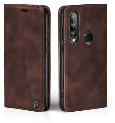 A brown leather flip case for a Huawei P30 Lite phone, shown from two angles.