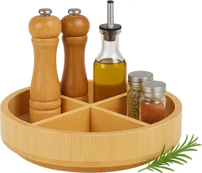 Produktbild von Drehteller aus Bambus – 360° drehbar – 4 Fächer – Abnehmbare Wände – Kräuteroberfläche – Natürliches Design – 6 x 23,5 x 23,5 cm