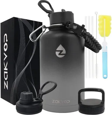 Image de Bouteille isotherme en acier inoxydable 2 L, noir/gris, avec paille et 3 couvercles