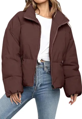 Obrázek produktu pro ASKSA Dámská péřová bunda Silná teplá krátká prošívaná bunda Zimní bunda Zip Puffer Jacket Rolák Jednobarevný zimní kabát Venkovní péřový kabát (Káva,XL)