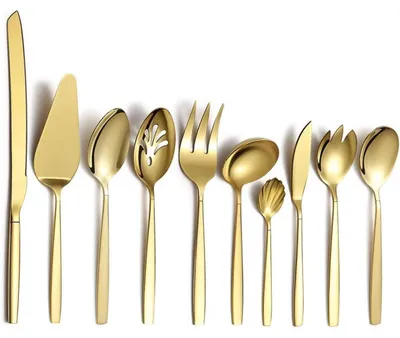 Productafbeelding van Besteekset voor het serveren, 10-delig, roestvrij staal met goudtitanium coating, inclusief serveerlepel en taartmes, roestbestendig
