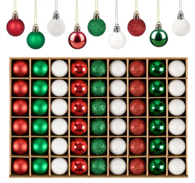 Weihnachtskugeln Set 54 Stück, 3 cm, Kunststoff, bruchsicher, Grün/Weiß/Rot