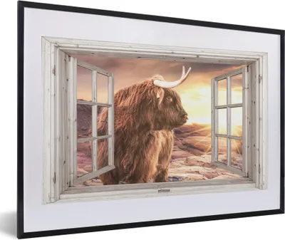 Produktbild von MuchoWow® Gerahmtes Poster Schottischer Highlander - Aussicht - Sonnenuntergang 60x40 cm - Poster mit Schwarzem Bilderrahmen Wandposter Rahmen Foto Bilder - Schlafzimmer - Plakat in Rahmen - Drucken