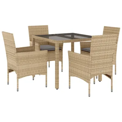 Image de vidaXL Salon de jardin 5 pièces avec coussins Beige Poly rotin et verre